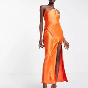 Orange One Shoulder Satin Maxi Dress
